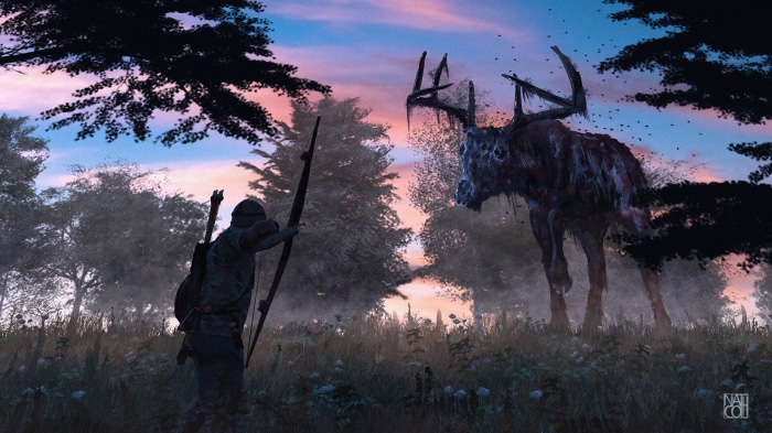 Hunter facing a zombie deer