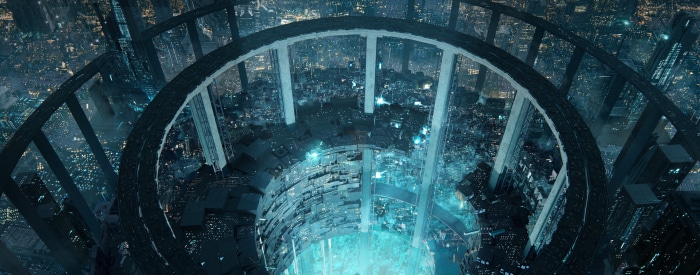 Futuristic city with a large circular structure