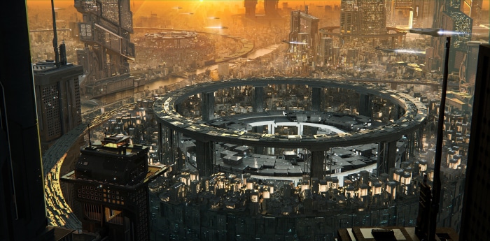 Futuristic Cityscape with Circular Structure