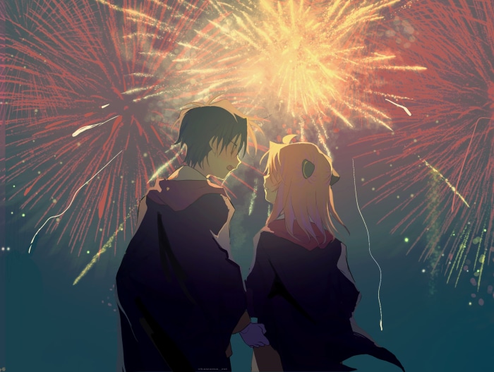 Anya Forger and Damian Desmond watching fireworks