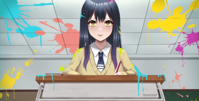 Miko Yotsuya from Mieruko-chan at a desk