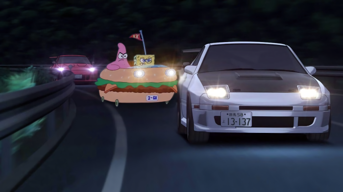 SpongeBob SquarePants and Patrick Star in a burger car