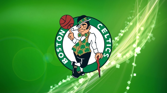 Boston Celtics logo with abstract green background