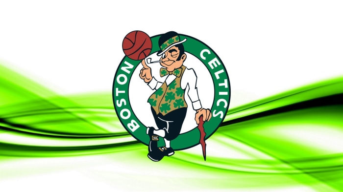 Boston Celtics logo with abstract green background