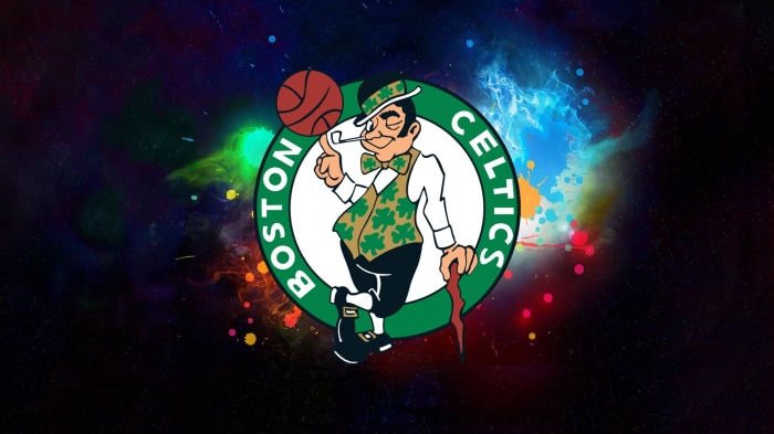 Boston Celtics mascot with basketball