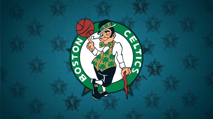 Boston Celtics logo with NBA stars background