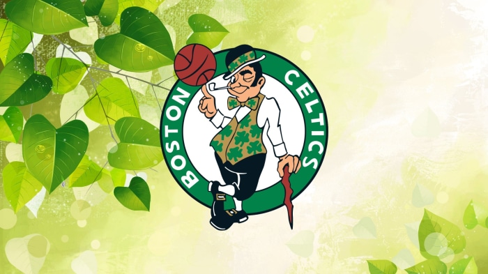 Boston Celtics mascot with shamrocks and leaves