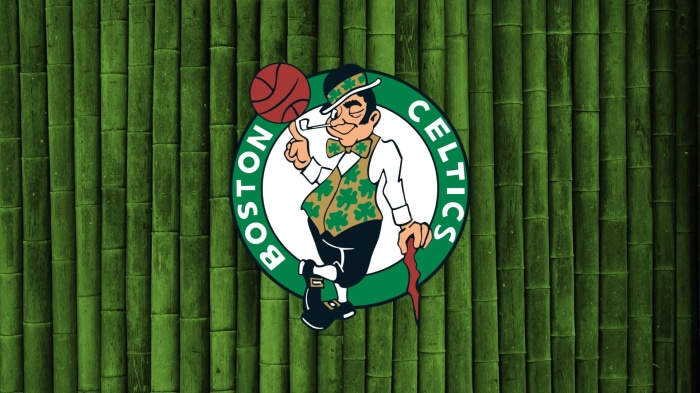 Boston Celtics logo with leprechaun on bamboo background