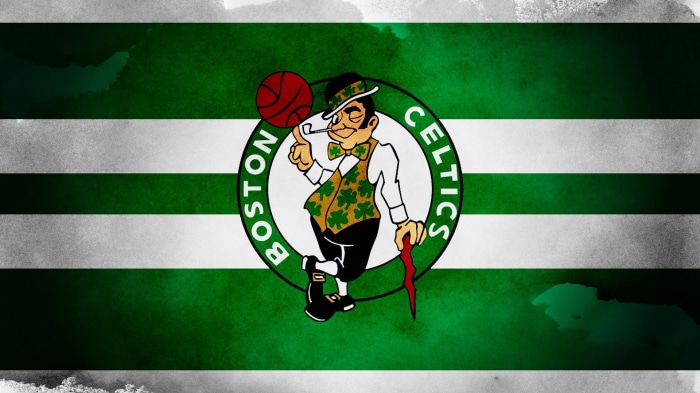 Boston Celtics logo on striped background