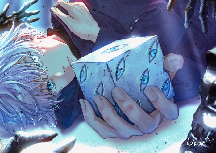 Satoru Gojo from Jujutsu Kaisen holding a cube