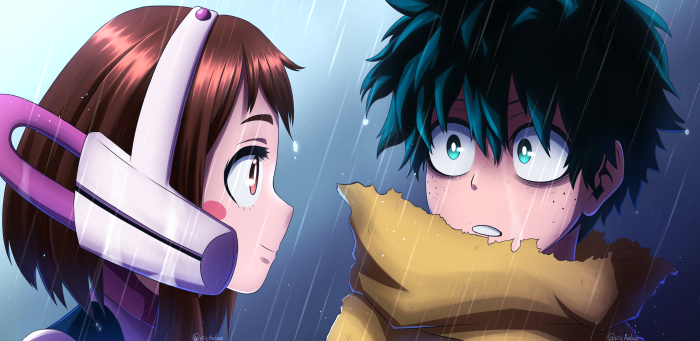 Ochaco Uraraka and Izuku Midoriya from My Hero Academia in the rain