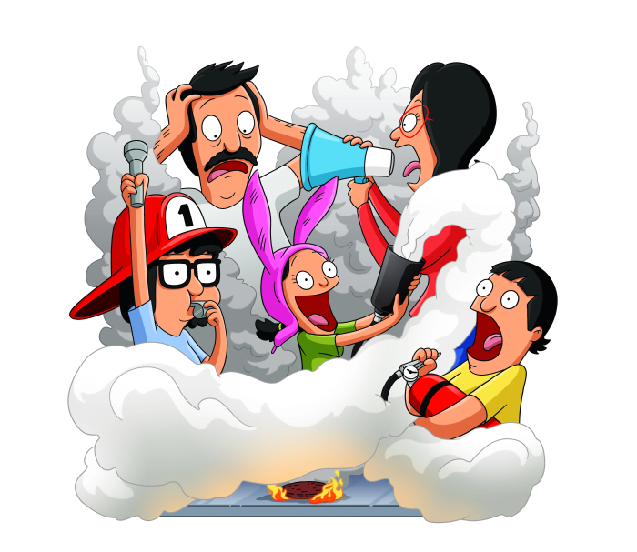 The Belcher Family from Bob's Burgers in a Fire