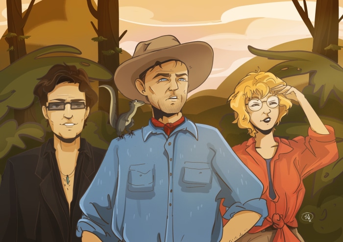 Characters from Jurassic Park in a forest