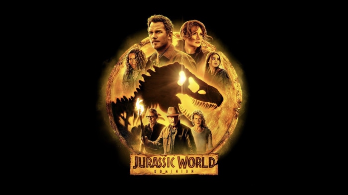Jurassic World: Dominion poster with cast and dinosaur silhouette