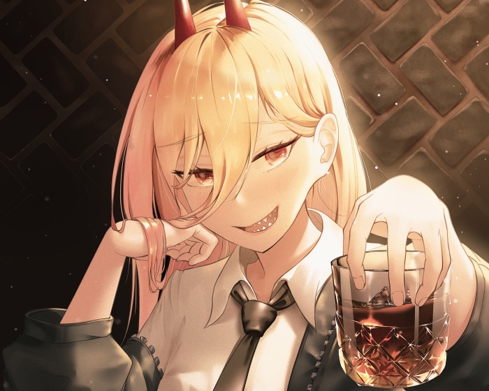 Power from Chainsaw Man holding a drink