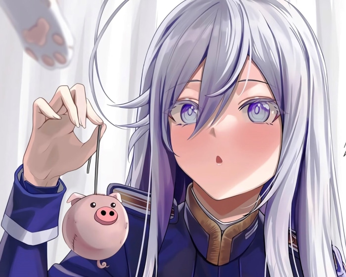 Vladilena Milizé from Eighty Six holding a pig toy