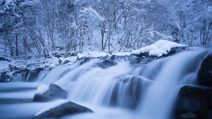 Waterfall in a Snowy Forest 4K