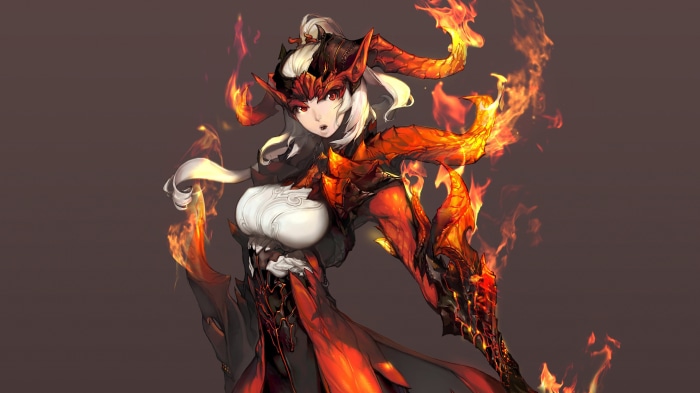 Female demon warrior with horns and fire from Blade & Soul 4K