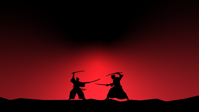 Two Samurai Silhouettes Fighting at Sunset 4K