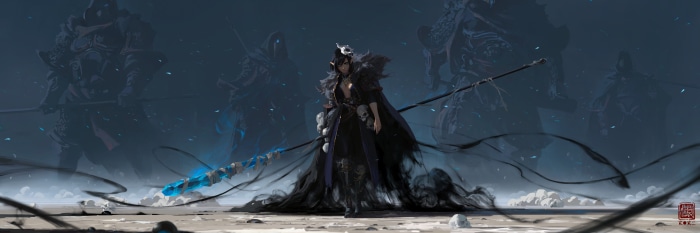 Dark fantasy warrior with glowing staff and shadowy figures