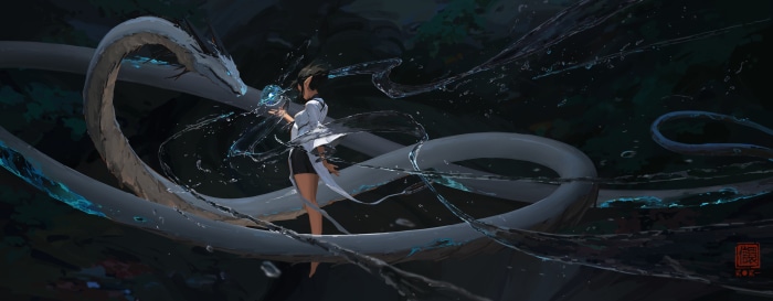 Fantasy woman with a dragon and water magic