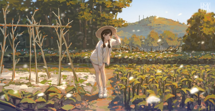Girl in straw hat in a field 4K
