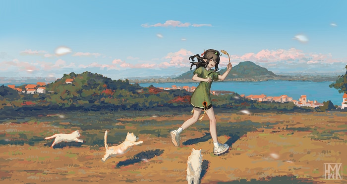 Girl playing with cats in a scenic landscape