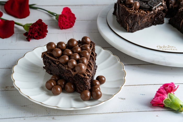 Chocolate cake with chocolate balls and flowers