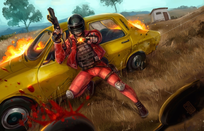 PlayerUnknowns Battlegrounds character in red suit with gun