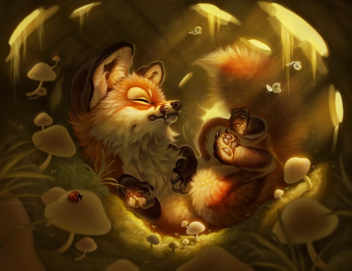 Fantasy Fox Resting Among Mushrooms