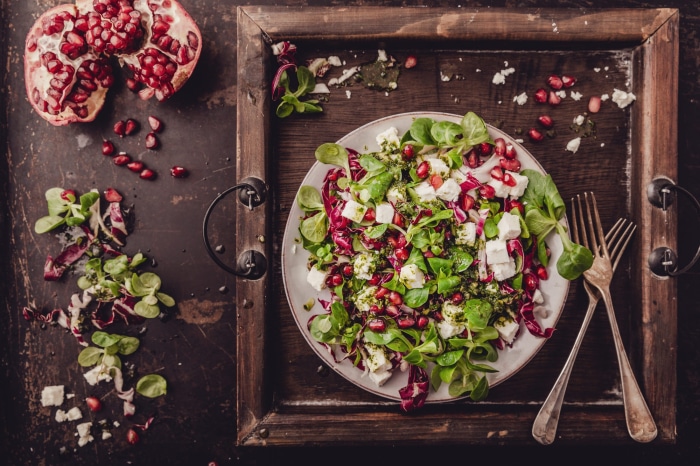 Salad with Feta Cheese and Pomegranate Seeds