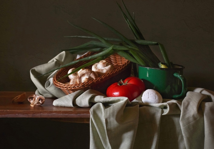 Still Life with Mushrooms, Tomato, Egg, and Green Onions
