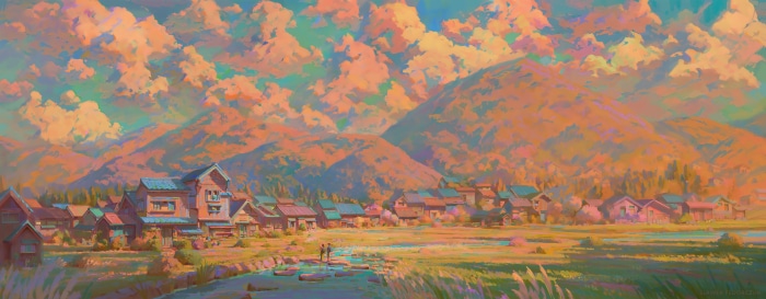 Artistic village with mountains and colorful sky