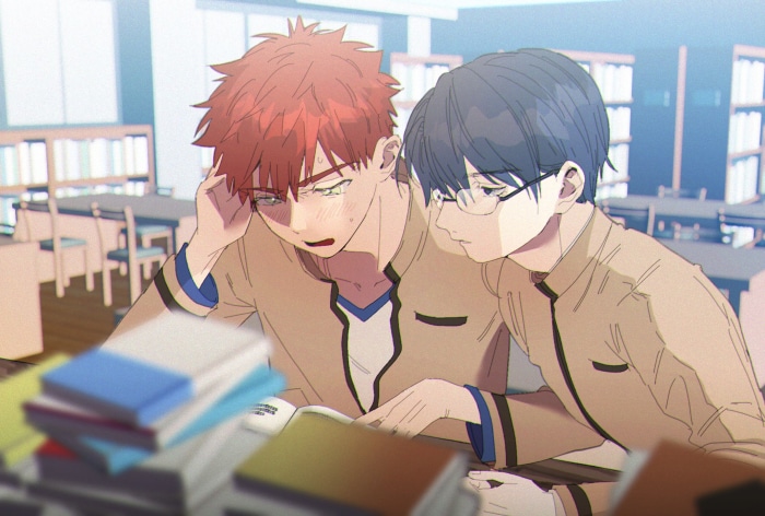 Shirou Emiya and Issei Ryuudou studying in a library