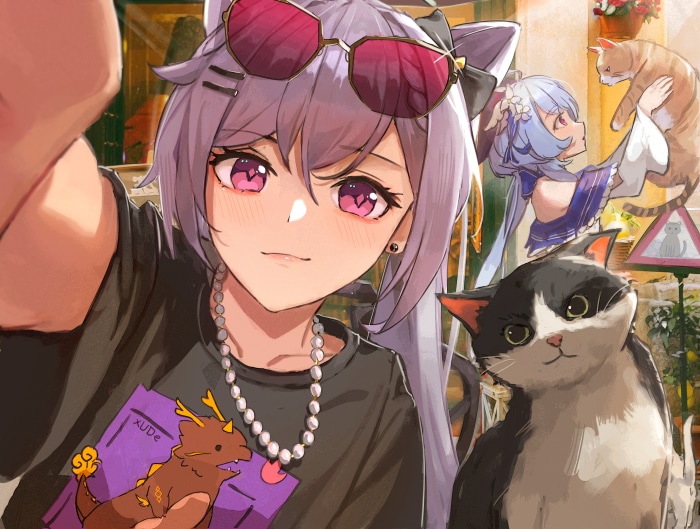 Keqing and Ganyu from Genshin Impact with cats
