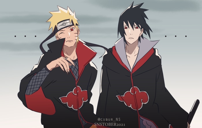 Naruto and Sasuke from Naruto wearing Akatsuki cloaks