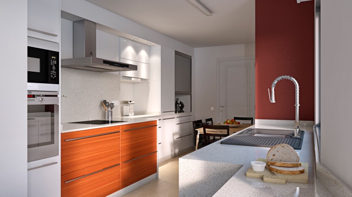Modern kitchen with wooden cabinets and stainless steel appliances