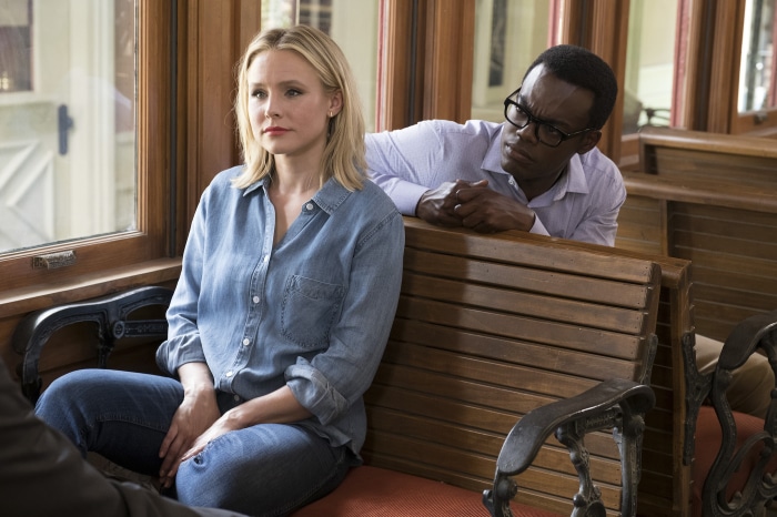 Eleanor Shellstrop and Chidi Anagonye on a train