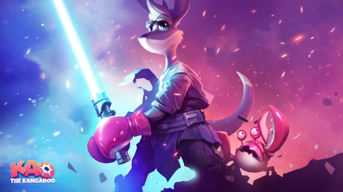 Kao The Kangaroo with a lightsaber and a crab