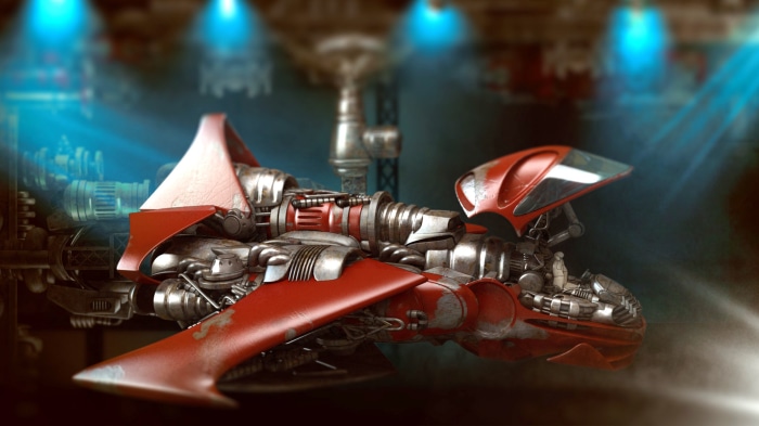 Red spaceship in a futuristic hangar