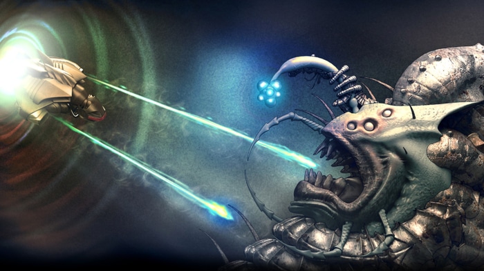 Spaceship firing lasers at alien creature