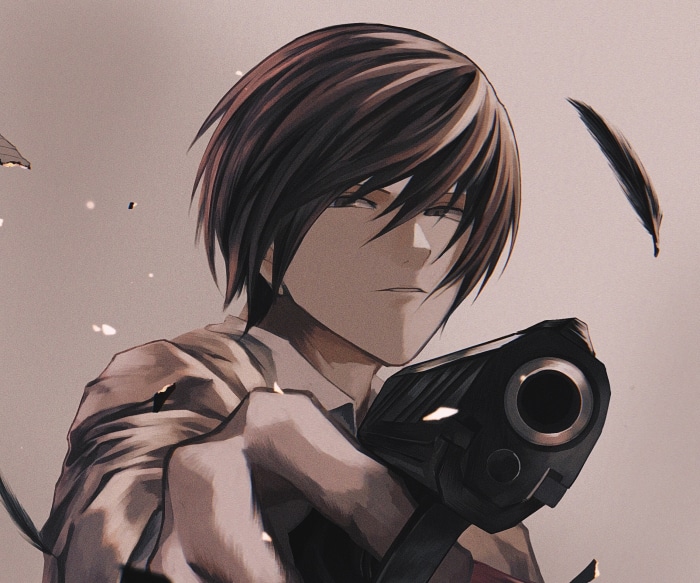 Light Yagami from Death Note holding a gun