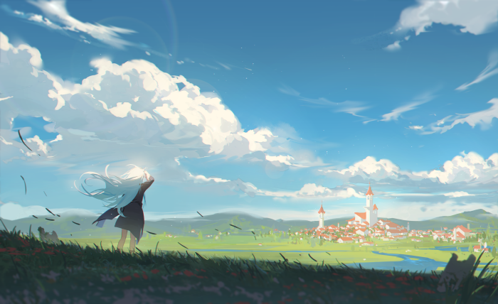 Girl with white hair in a field overlooking a town