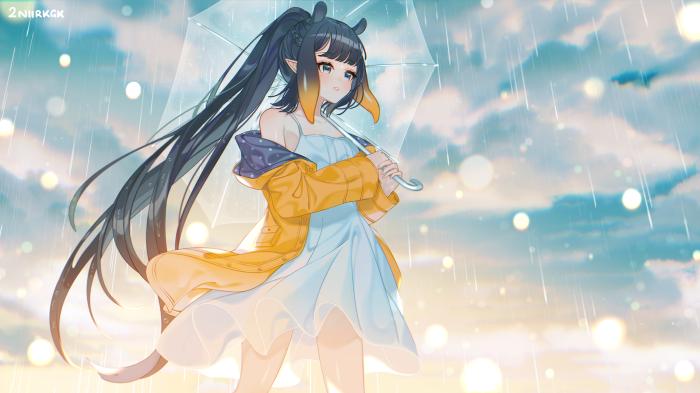 Ninomae Ina'nis from Hololive holding an umbrella in the rain