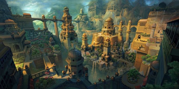 Ancient city built into mountains with waterfalls