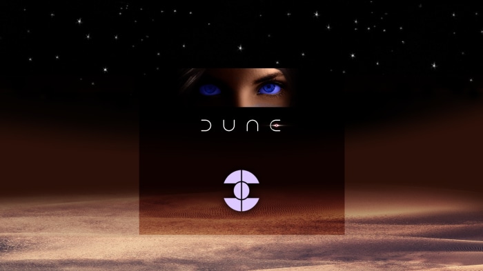 Dune movie poster with blue eyes and desert landscape