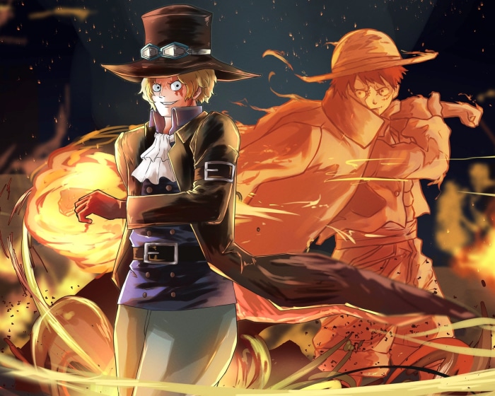 Sabo and Luffy from One Piece in flames