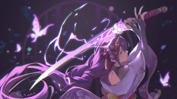 Raiden Shogun from Genshin Impact with sword and butterflies
