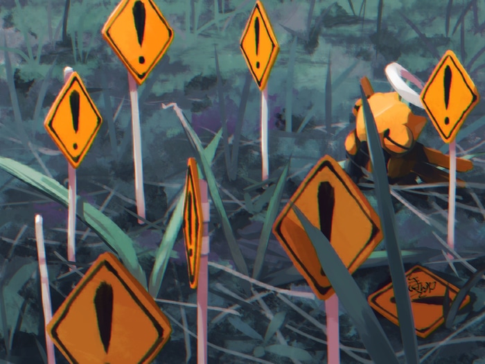 Shedinja from Pokémon surrounded by warning signs
