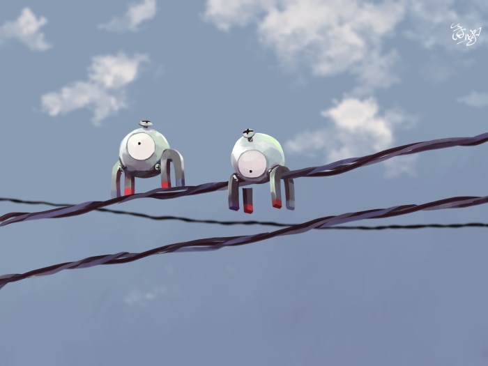 Magnemite from Pokémon on power lines